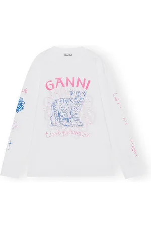 Ganni White Cat Graphic T-Shirt Dame Størrelse Xxs