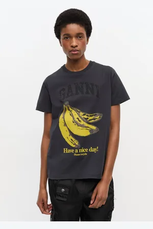 Ganni Sort, Grafisk T-Shirt Med Banan I Mixed Dame Størrelse Xl