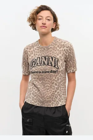 Ganni Leopardmønstret T-Shirt I Uldblanding I Mixed Dame Størrelse Xs