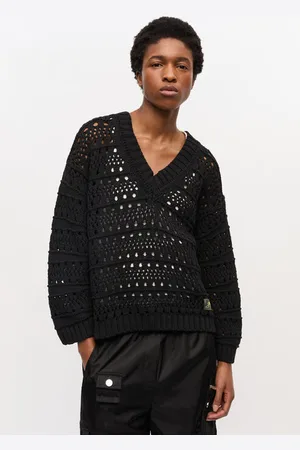 Ganni Sort, Hæklet Sweater Med V-Hals I Dame Størrelse Xxs/Xs Genanvendt Bomuld/Genanvendt Polyester