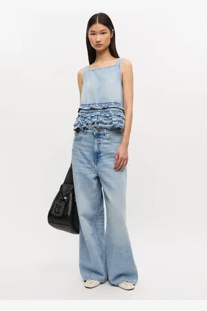 Ganni Lyseblå Denimtop Med Flæser I Dame Størrelse 36/Tencel