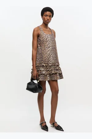 Ganni Bomuldskjole I Poplin Med Leopardprint I Mixed Dame Størrelse 46