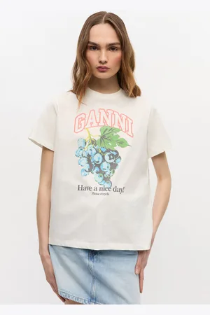 Ganni Cremefarvet T-Shirt Med Vindrueprint I White Dame Størrelse Xxs