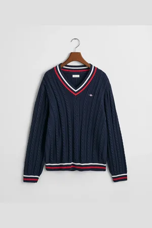 GANT Teens Teens kabelstrikket sweater med V-hals og striber (134/140)