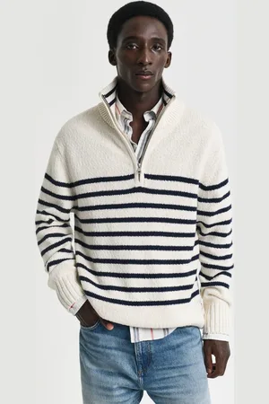 GANT Herre Stribet sweater i nopret bomuld med halv lynlås (S)