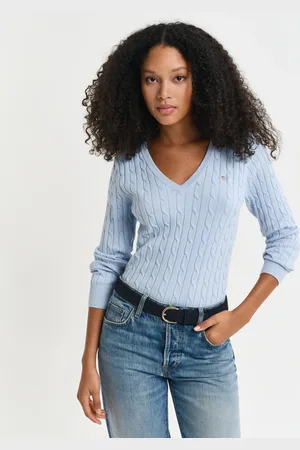 GANT Dame Kabelstrikket sweater af strækbomuld med V-hals (XS)