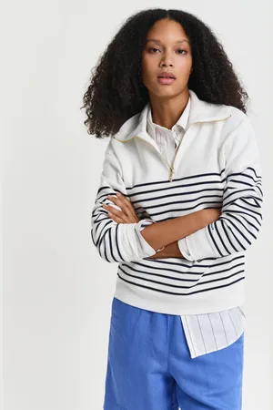 GANT Dame Ribstrikket breton sweatshirt med halv lynlås (M)
