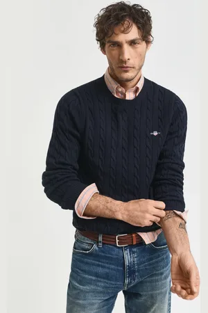 GANT Herre Crewneck sweater af bomuld med kabelstrik (XS)