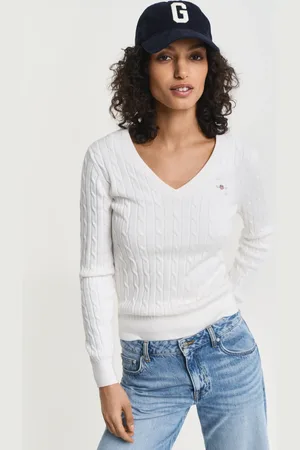 GANT Dame Kabelstrikket sweater af strækbomuld med V-hals (XS)
