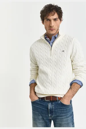 GANT Herre Kabelstrikket sweater af bomuld med halv lynlås (XS)