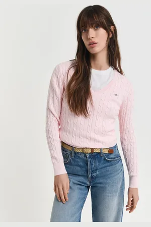 GANT Dame Kabelstrikket sweater af strækbomuld med V-hals (XS)