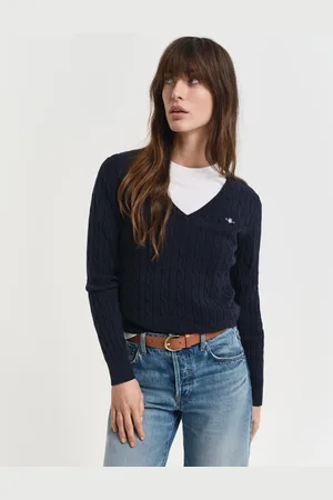 GANT Dame Kabelstrikket sweater af strækbomuld med V-hals (XS)