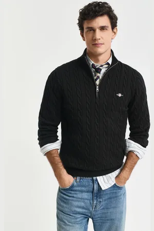 GANT Herre Kabelstrikket sweater af bomuld med halv lynlås (S)