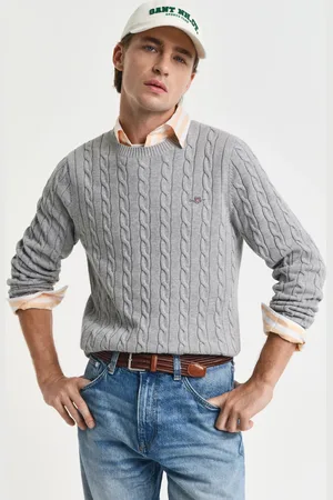 GANT Herre Crewneck sweater af bomuld med kabelstrik (S)