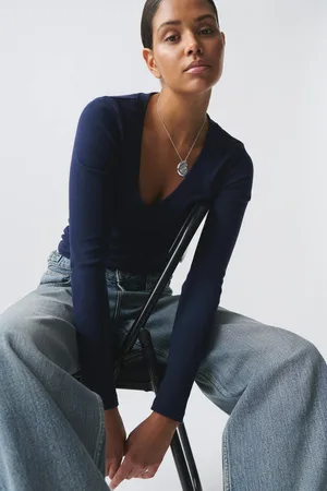 Gina Tricot V-neck top - Langærmede toppe - Blåt - L - Dame