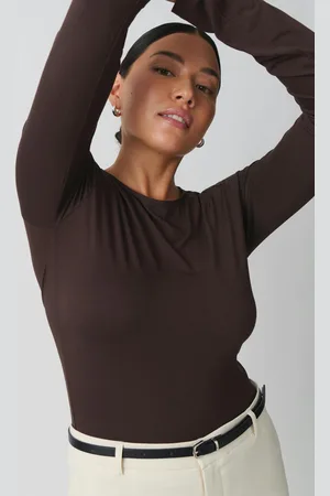 Gina Tricot Soft touch crew neck top - Langærmede toppe - Brunt - XXS - Dame