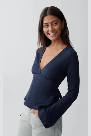 Gina Tricot Tie top - Langærmede toppe - Blåt - XS - Dame
