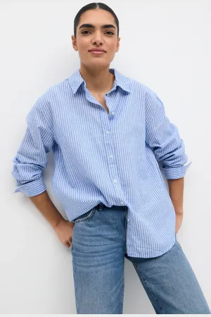Gina Tricot Linen blend shirt - Hørskjorter - Blåt - XS - Dame