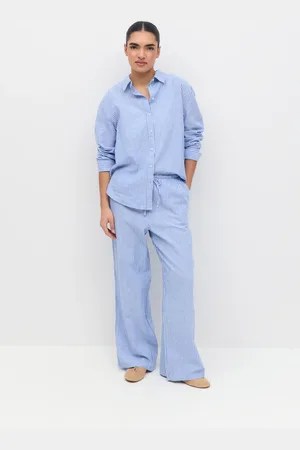 Gina Tricot Linen blend trousers - Hørbukser - Blåt - XS - Dame