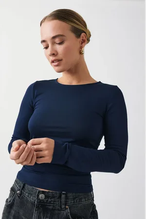 Gina Tricot Soft touch crew neck top - Langærmede toppe - Blåt - M - Dame