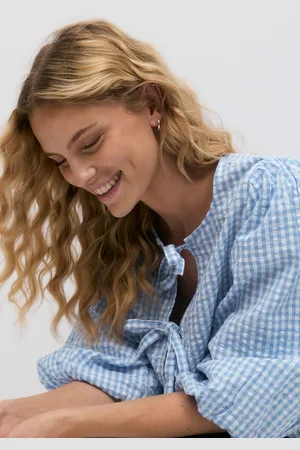 Gina Tricot Gingham blouse - bluser med pufærmer - Blåt - XS - Dame