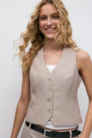 Gina Tricot Short v-neck vest - Veste - beige - 34 - Dame