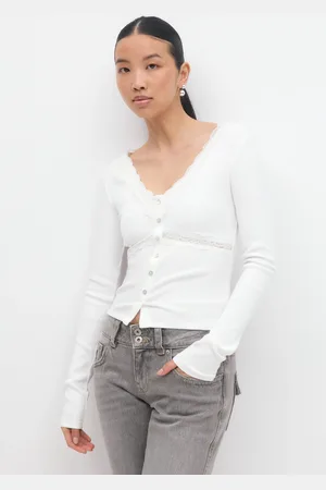 Gina Tricot Lace detail top - Langærmede toppe - Hvid - XS - Dame