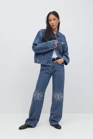 Gina Tricot Embroidery jeans - wide jeans - Blåt - 32 - Dame