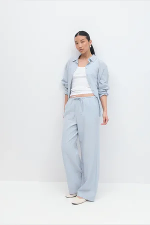 Gina Tricot Linen blend trousers - Hørbukser - Blåt - XS - Dame