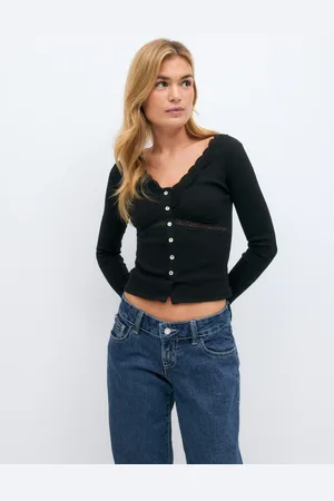 Gina Tricot Lace detail top - Langærmede toppe - Sort - XS - Dame