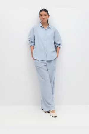 Gina Tricot Linen blend shirt - Hørskjorter - Blåt - XS - Dame