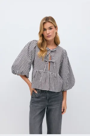 Gina Tricot Gingham blouse - bluser med pufærmer - Brunt - XS - Dame