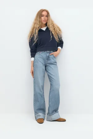 Gina Tricot Fold up jeans - mid waist jeans - Blåt - 32 - Dame