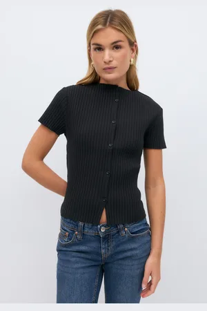 Gina Tricot Rib button top - Toppe - Sort - XS - Dame