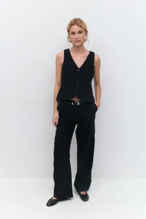 Gina Tricot Wide linen blend trousers - Hørbukser - Sort - 34 - Dame
