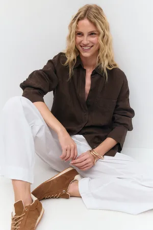 Gina Tricot Linen shirt - Hørskjorter - Brunt - XL - Dame