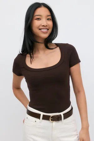 Gina Tricot Rib short sleeve top - Toppe - Brunt - XXS - Dame