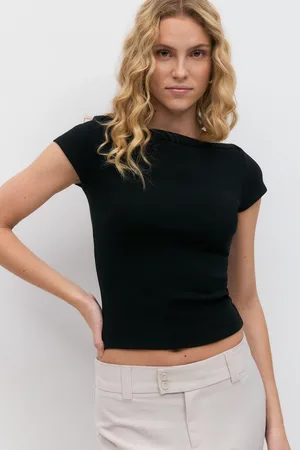 Gina Tricot Boatneck tight rib top - Toppe - Sort - XS - Dame