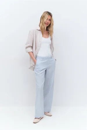 Gina Tricot Wide linen blend trousers - Hørbukser - Blåt - 34 - Dame