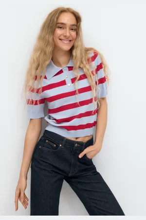 Gina Tricot Short sleeve knit collar top - poloshirts - Blåt - XS - Dame