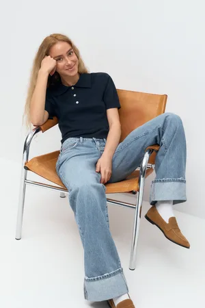 Gina Tricot Short sleeve knit collar top - poloshirts - Blåt - XS - Dame