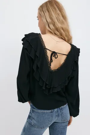 Gina Tricot Frill tie blouse - Bluser - Sort - XS - Dame