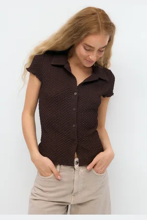 Gina Tricot Short sleeve buttoned top - Toppe - Brunt - XS - Dame