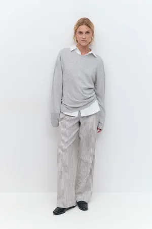 Gina Tricot Wide linen blend trousers - Hørbukser - Grå - 34 - Dame