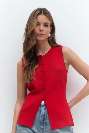 Gina Tricot Knitted button vest - Veste - Rødt - XS - Dame