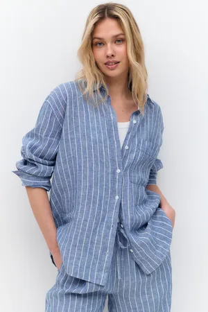 Gina Tricot Linen shirt - Hørskjorter - Blåt - XS - Dame