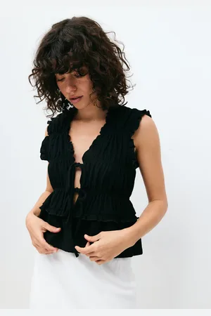 Gina Tricot Frill tie front top - toppe med bindebånd - Sort - XXS - Dame