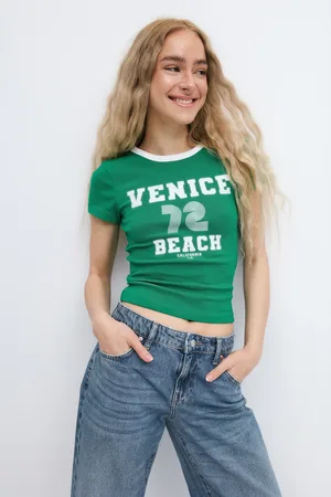 Gina Tricot Printed tight top - T-shirt med print - Grønt - XXS - Dame