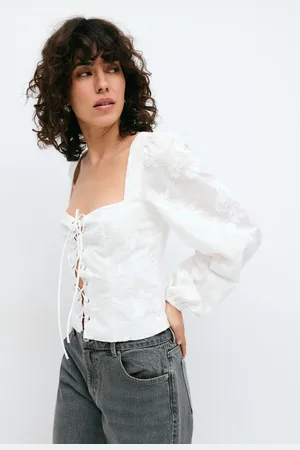 Gina Tricot Embroidery top - toppe med bindebånd - Hvid - 34 - Dame