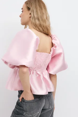 Gina Tricot Shiny peplum blouse - bluser med pufærmer - Pink - XS - Dame